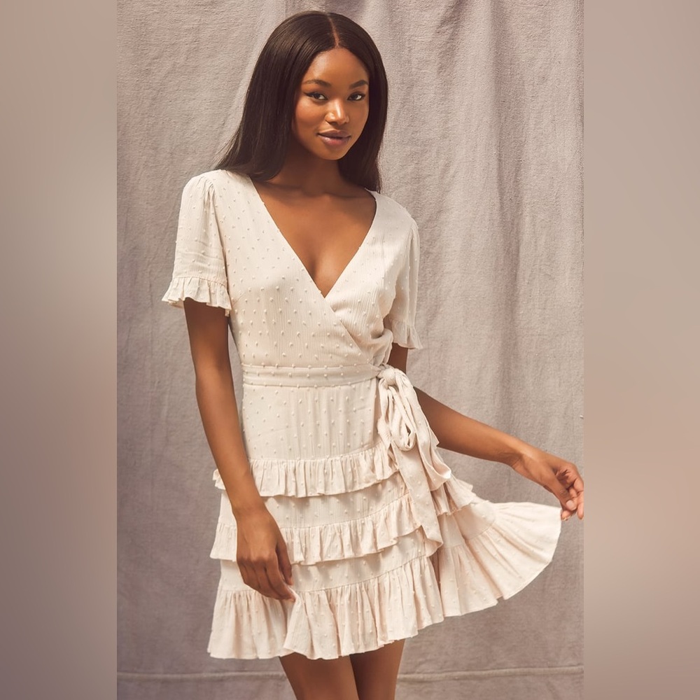 Lulu’s Cream Swissdot Mini Dress M Pink Tie Waist